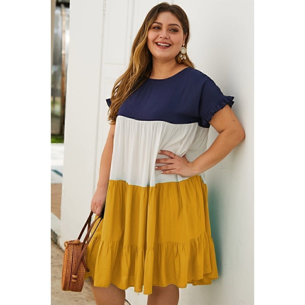 NEW! Super cute PLUS Size Boho Layered and Ruffled Colorblock Baby Doll Dress